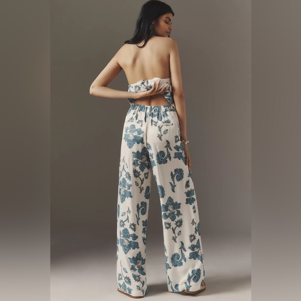 NWT! By Anthropologie Silky Trousers in Blue Cream Floral Design - Size Small 💐 - Picture 3 of 4
